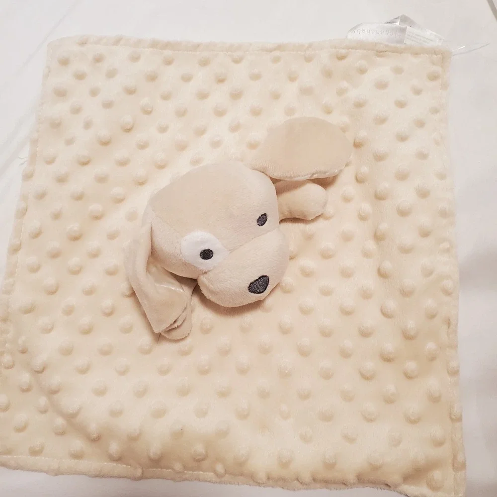 Elegant Baby Tan Puppy Dog Lovey Security Blanket Satin Back Minky Dot Eye Patch